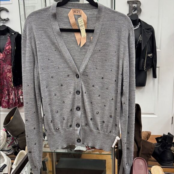 Stylish Gray Cardigan with Beaded Details - Picture 1 of 10